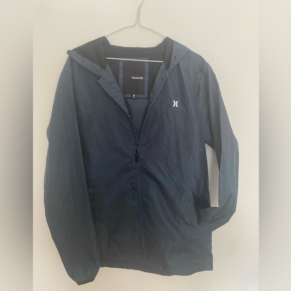 Hurley Men's teal Blue Hooded Windbreaker, young man’s Med